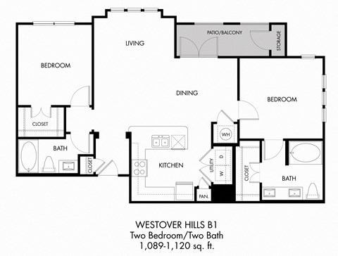 Floor plan for 2 beds, 2 baths, 1089 sqft